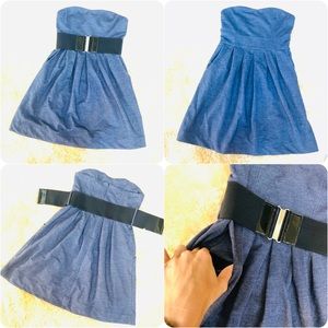 Denim jeans style stretchy strapless belted summer mini dress